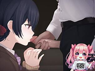 Anime girl kneels to worship cock and swallow cum