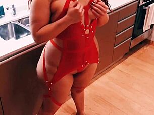 Real sex in the kitchen with her in lingerie.