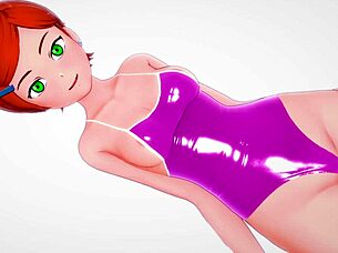 gwen in her swimsuit, ready to tease that huge cock with her mouth and hands.