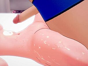 gwen in her swimsuit, ready to tease that huge cock with her mouth and hands.