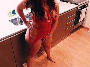 Real sex in the kitchen with her in lingerie.