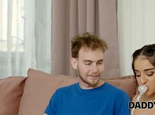 i lick the new girl's wet shaved pussy on the sofa with my monster cock