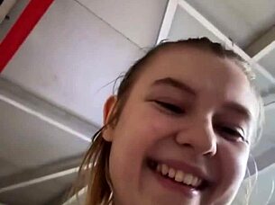 girl bent over for anal fucking squirts in changing room