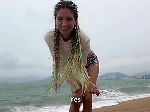 Skinny Teen 18+ Gives POV Blowjob and Handjob on Public Beach to Help You Cum!