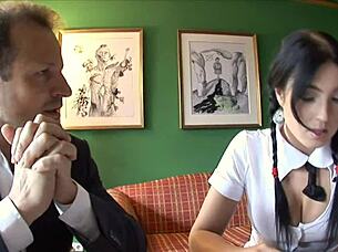 brunette fucks professor and makes him cum twice