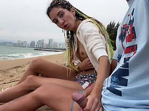 Skinny Teen 18+ Gives POV Blowjob and Handjob on Public Beach to Help You Cum!