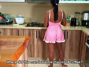 Stepbrother fucks submissive stepsister in kitchen after cock sucking