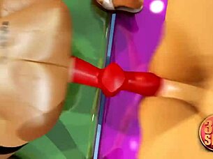 3dgspot - two busty lesbians try double dildo in a public store uncensored sex.