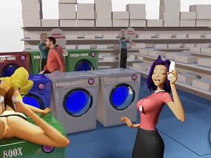 3dgspot - two busty lesbians try double dildo in a public store uncensored sex.