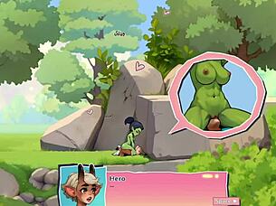 Young female orc face-sits lucky boy in nature anime game review