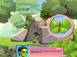 Young female orc face-sits lucky boy in nature anime game review