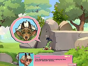 Young female orc face-sits lucky boy in nature anime game review