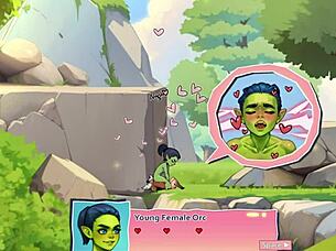 Young female orc face-sits lucky boy in nature anime game review
