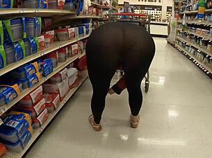 staged flashing in transparent leggings during grocery shopping adventure