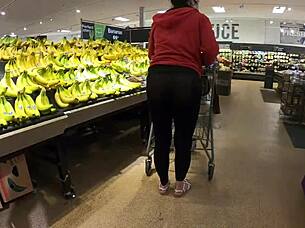 staged flashing in transparent leggings during grocery shopping adventure