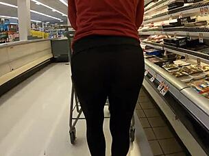 staged flashing in transparent leggings during grocery shopping adventure