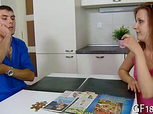 Cute chick widens legs for blowjob?