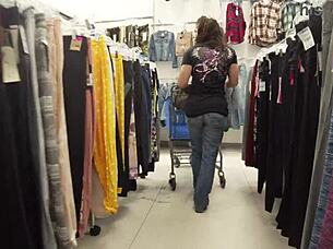 Housewife flashes huge asshole in public shop, staged by pornstar.