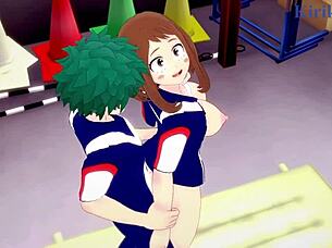 ochako uraraka and izuku midoriya have intense sex in my hero academia hentai cartoon.