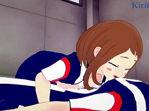 ochako uraraka and izuku midoriya have intense sex in my hero academia hentai cartoon.