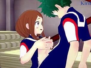 ochako uraraka and izuku midoriya have intense sex in my hero academia hentai cartoon.