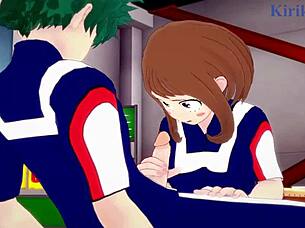 ochako uraraka and izuku midoriya have intense sex in my hero academia hentai cartoon.