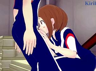 ochako uraraka and izuku midoriya have intense sex in my hero academia hentai cartoon.