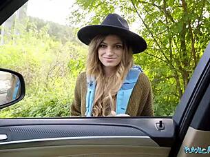 Hitchhiker Nicole Rae rides big cock outdoors