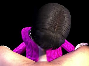 in this 3d anime, the family big sister gives a clothed blowjob leading to ejaculation