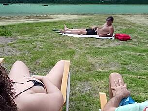 Beach voyeur self-touching session with beautiful amateurs