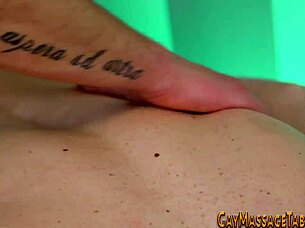 European gay masseur massages client, leads to blowjob, handjob, masturbation, and bareback fucking.