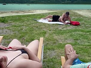 Beach voyeur self-touching session with beautiful amateurs