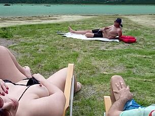 Beach voyeur self-touching session with beautiful amateurs