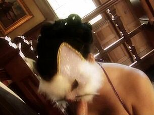 I, the lovely masked slave, eagerly give my master an intense blowjob before he takes me in rough doggy style.