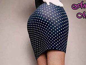 the pawg in a tight dress and latex gloves rides a big ribbed dildo upskirt