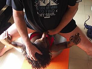 Ebony milf interrupted during morning yoga by lover eating pussy and cumming on face.