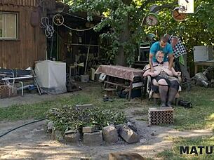 Kinky mature giantess Diana indulges in pet play with two strangers in public, wearing stockings!