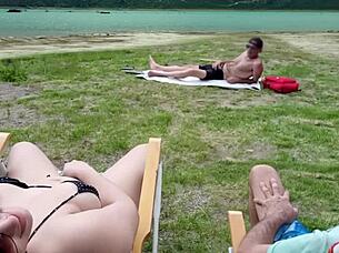 Beach voyeur self-touching session with beautiful amateurs