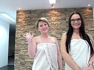 three friends share a liquid lunch with blowjobs and cum in pov group brunette