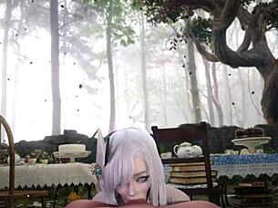 Bigboobs master rides her junior in 3d