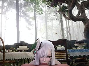 Bigboobs master rides her junior in 3d