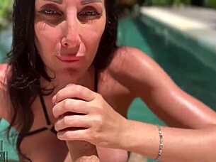 hot milf gets fucked by the pool, cum on tits and in mouth, amateur wife scene