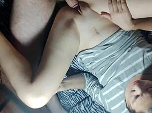 Girlfriend lies next as I masturbate with neighbor