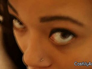 Perky ebony teen amateur blows in g-string during homemade POV interview 😏