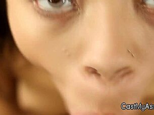 Perky ebony teen amateur blows in g-string during homemade POV interview 😏