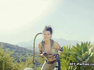 Kitana sharing that hard dick with her warrior besties in cosplay fun 😏