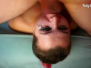 Hard sloppy deepthroat with big natural tits leaves saliva on face and smeared makeup