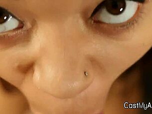 Perky ebony teen amateur blows in g-string during homemade POV interview 😏