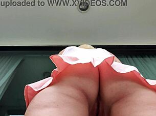 Upskirt view of wet pussy without panties in cafe, so close up and hidden on big ass!