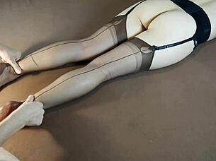 Horny milf moans during soles massage in nylon stockings with tickling fetish